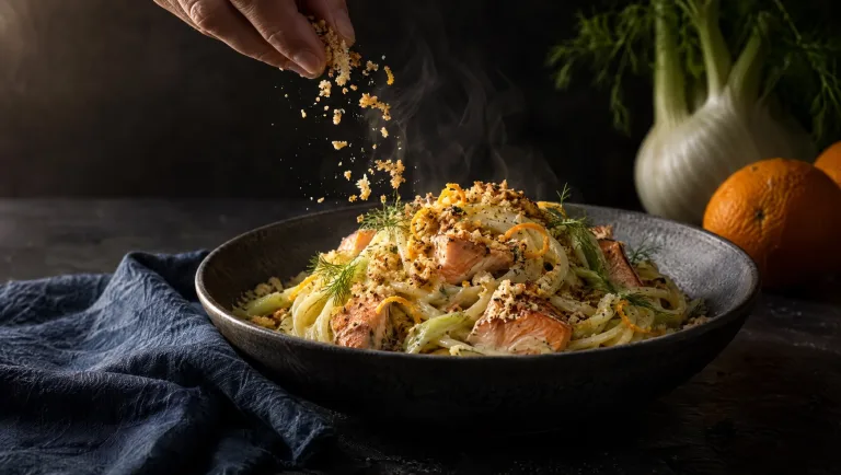 Linguine met venkelcrème, zalm en sinaasappelkruim op een Siciliaanse tafel, met venkelknollen en sinaasappels