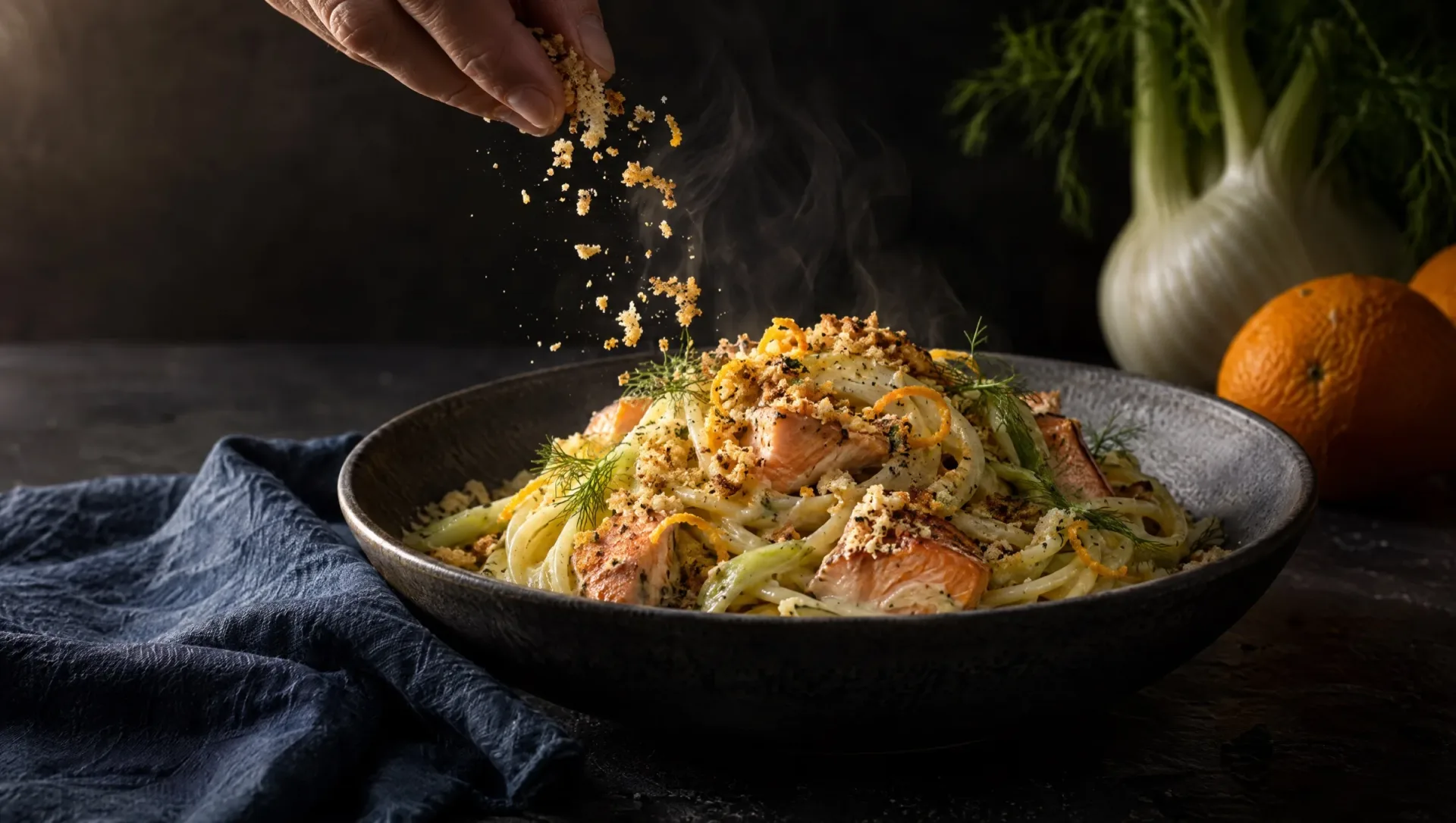Linguine met venkelcrème, zalm en sinaasappelkruim op een Siciliaanse tafel, met venkelknollen en sinaasappels