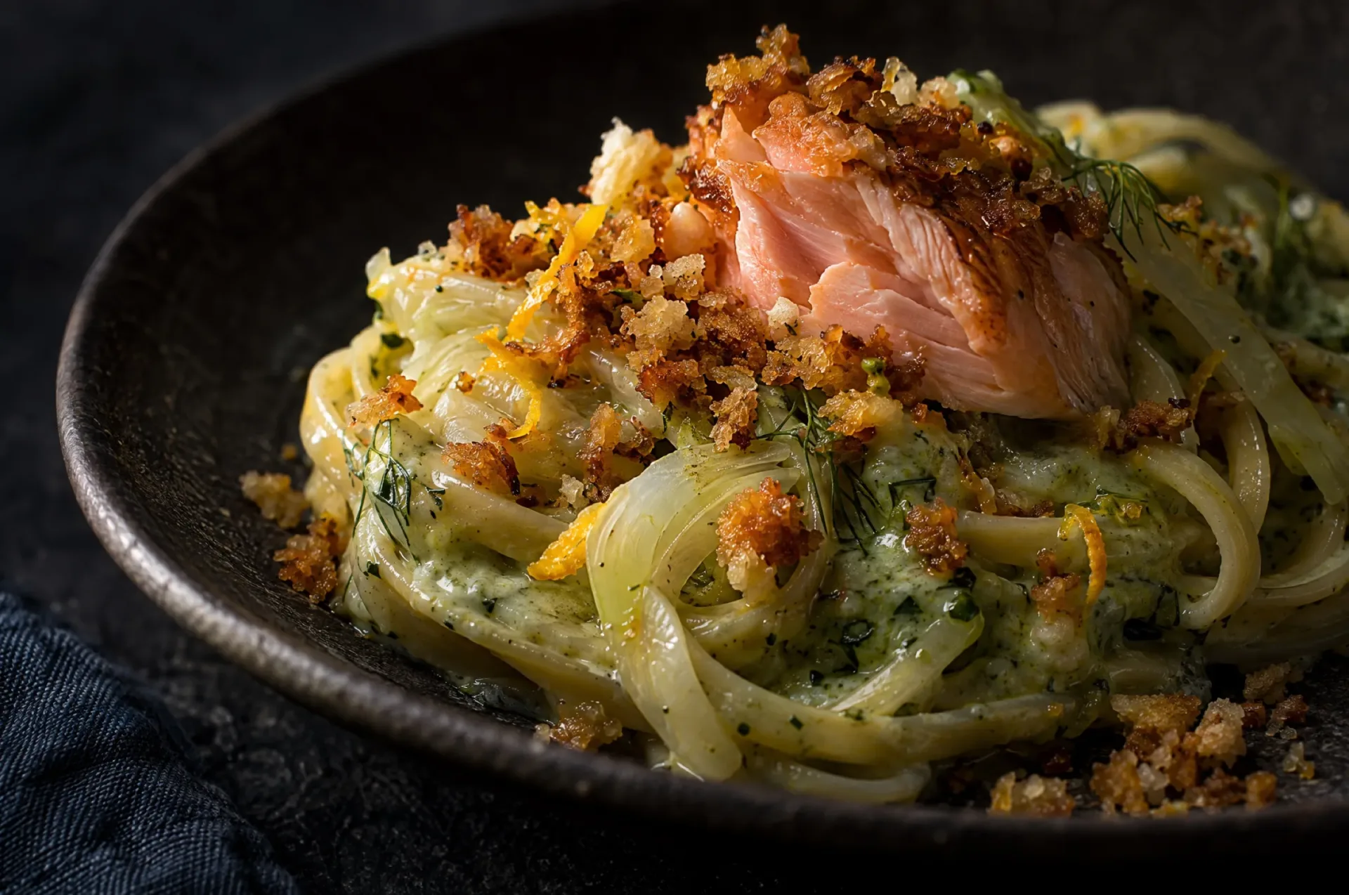 Closeup van linguine met venkel en zalm, met goudbruin sinaasappelkruim op een glanzende laag venkelcrème
