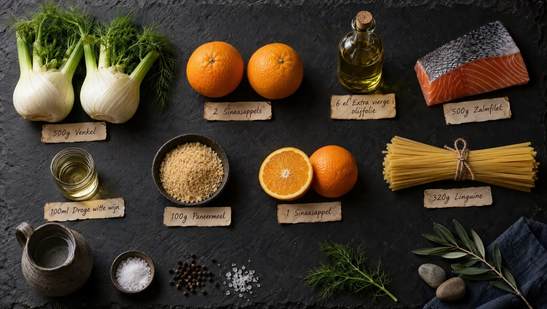 Ingrediënten voor linguine met venkel en zalm: venkelknollen, zalmfilet, sinaasappels, linguine, paneermeel en witte wijn