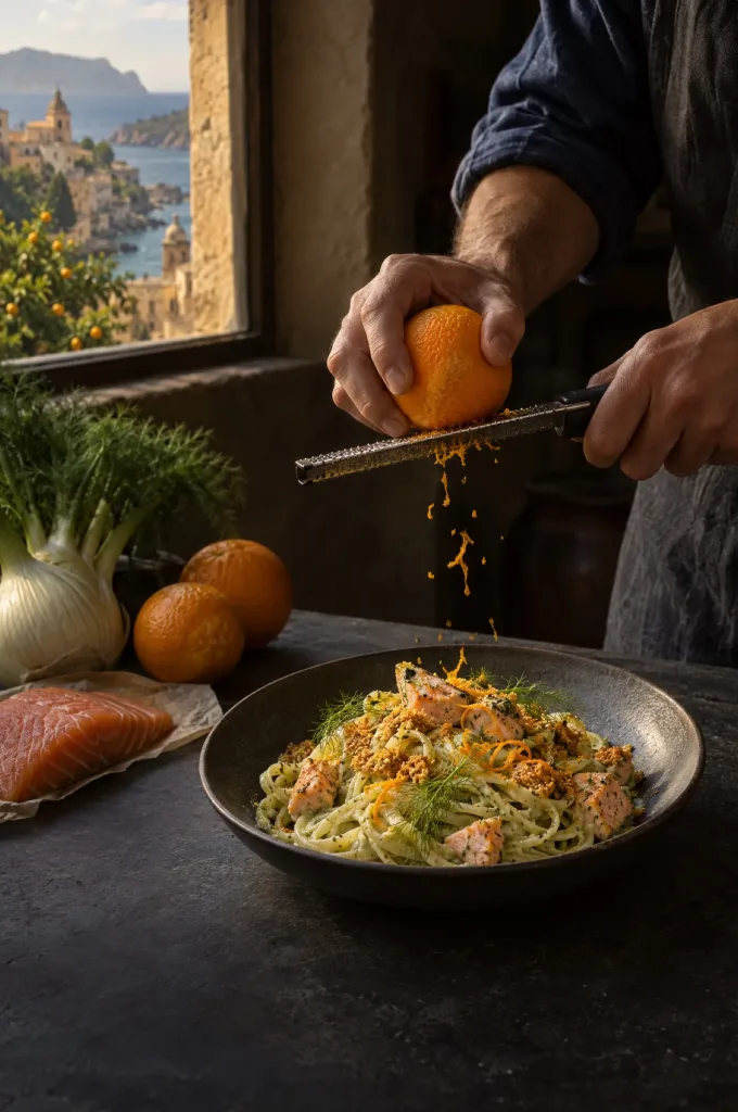 Handen van de kok raspen sinaasappelschil boven linguine met venkel en zalm, in een donkere keuken met zicht op Sicilië