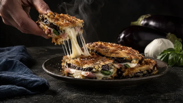Melanzane alla pullastiello op een Napolitaanse tafel in de herfst, met rauwe aubergines, mozzarella en basilicum