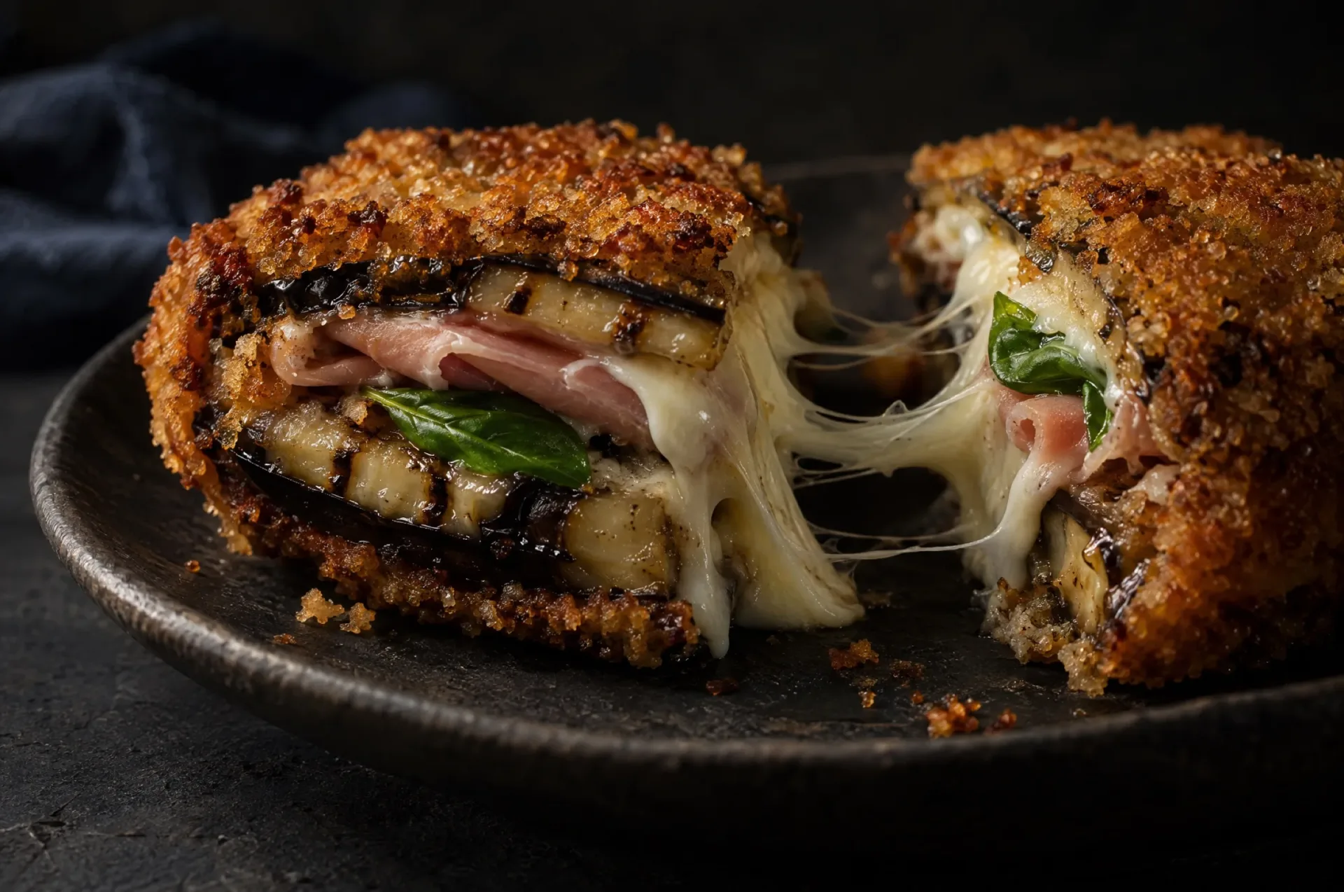 Melanzane alla pullastiello opengesneden: goudbruine korst, gegrilde aubergine en draden gesmolten mozzarella ertussen