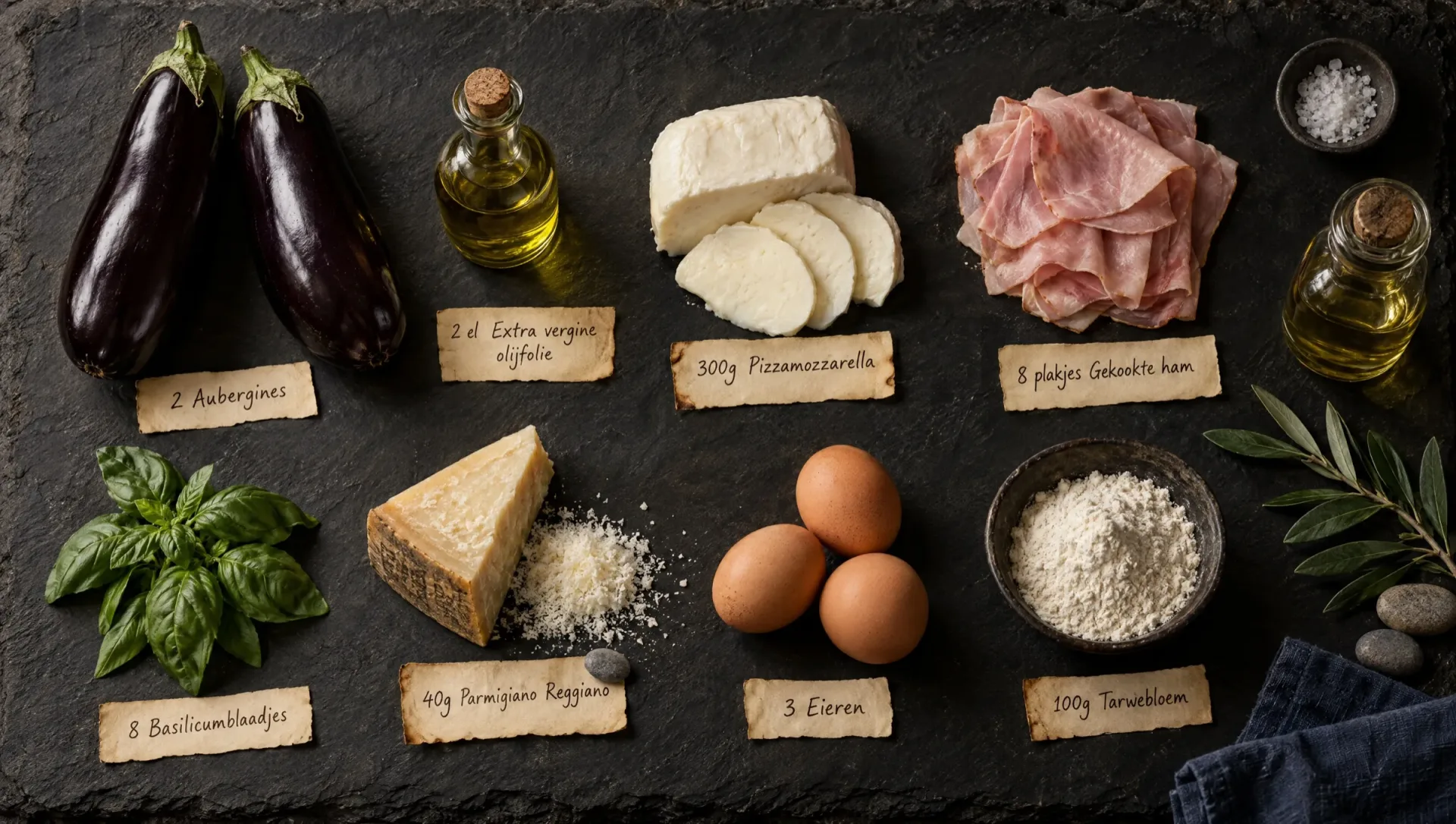Ingrediënten voor melanzane alla pullastiello: aubergines, mozzarella, gekookte ham, basilicum, Parmigiano, eieren, bloem