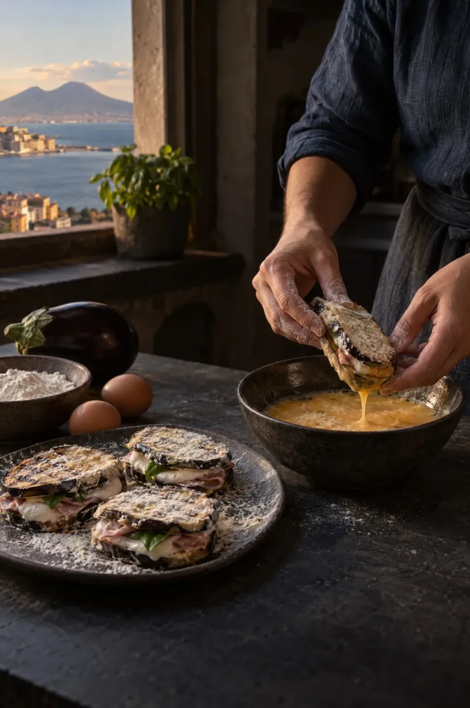 Handen van de kok halen melanzane alla pullastiello door het ei in een donkere keuken, met uitzicht op de Golf van Napels