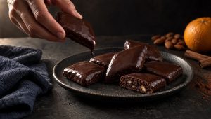 Mostaccioli met chocoladeglazuur op een donker bord in Napels, naast amandelen, een sinaasappel, kaneelstokjes en cacao