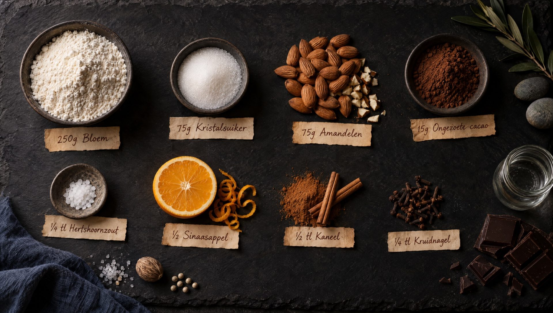Ingrediënten voor mostaccioli: bloem, cacao, amandelen, suiker, sinaasappel, kaneel, kruidnagel en pure chocolade