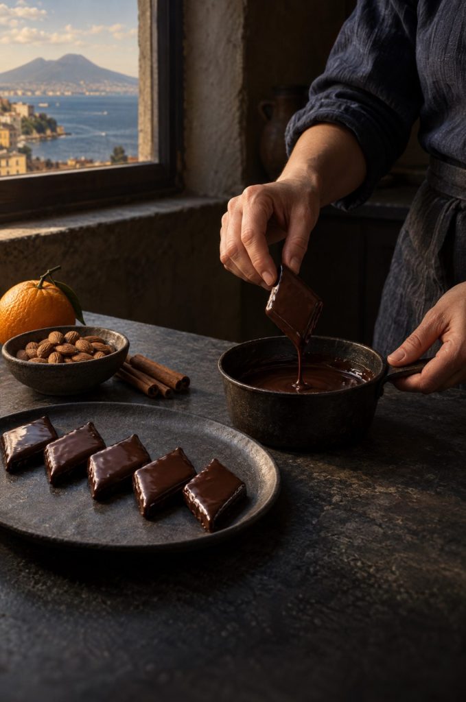 Handen van de kok halen mostaccioli door gesmolten chocolade in een donkere keuken, bij het raam met uitzicht op de Vesuvius