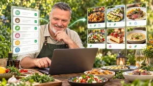 Kok kiest online gerechten op laptop in tuin