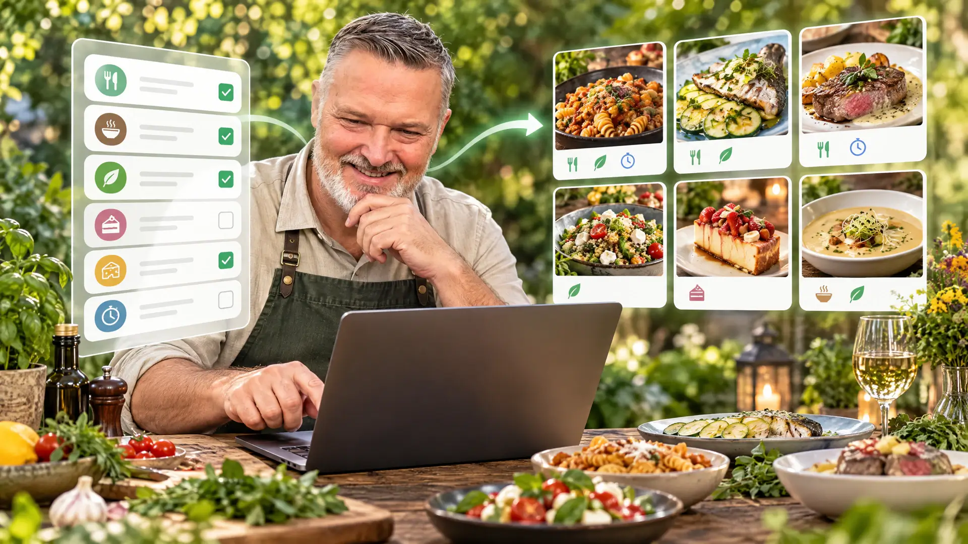 Kok kiest online gerechten op laptop in tuin