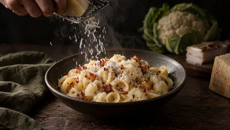 Orecchiette met bloemkool en lardo in een donkere kom op tafel, een hand raspt pecorino, rauwe bloemkool en lardo ernaast