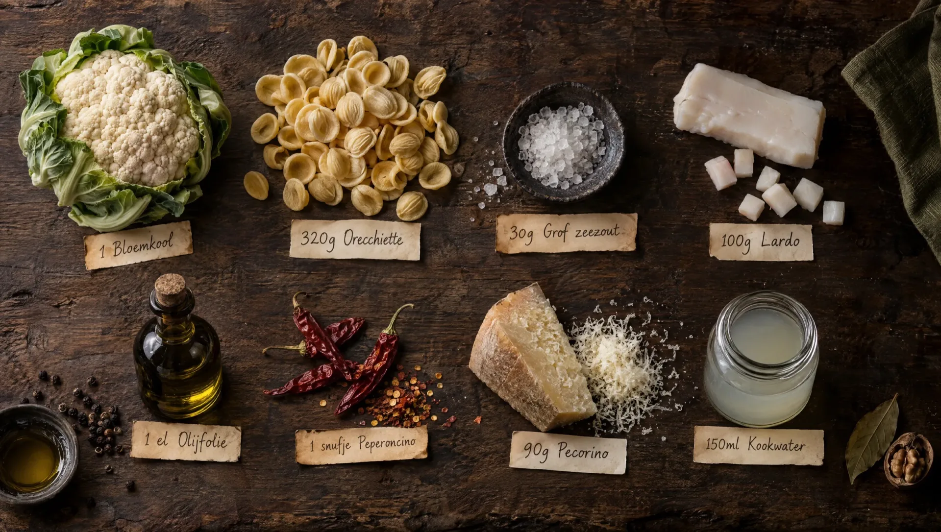 Ingrediënten voor orecchiette met bloemkool: bloemkool, gedroogde orecchiette, lardo in blokjes, pecorino en olijfolie
