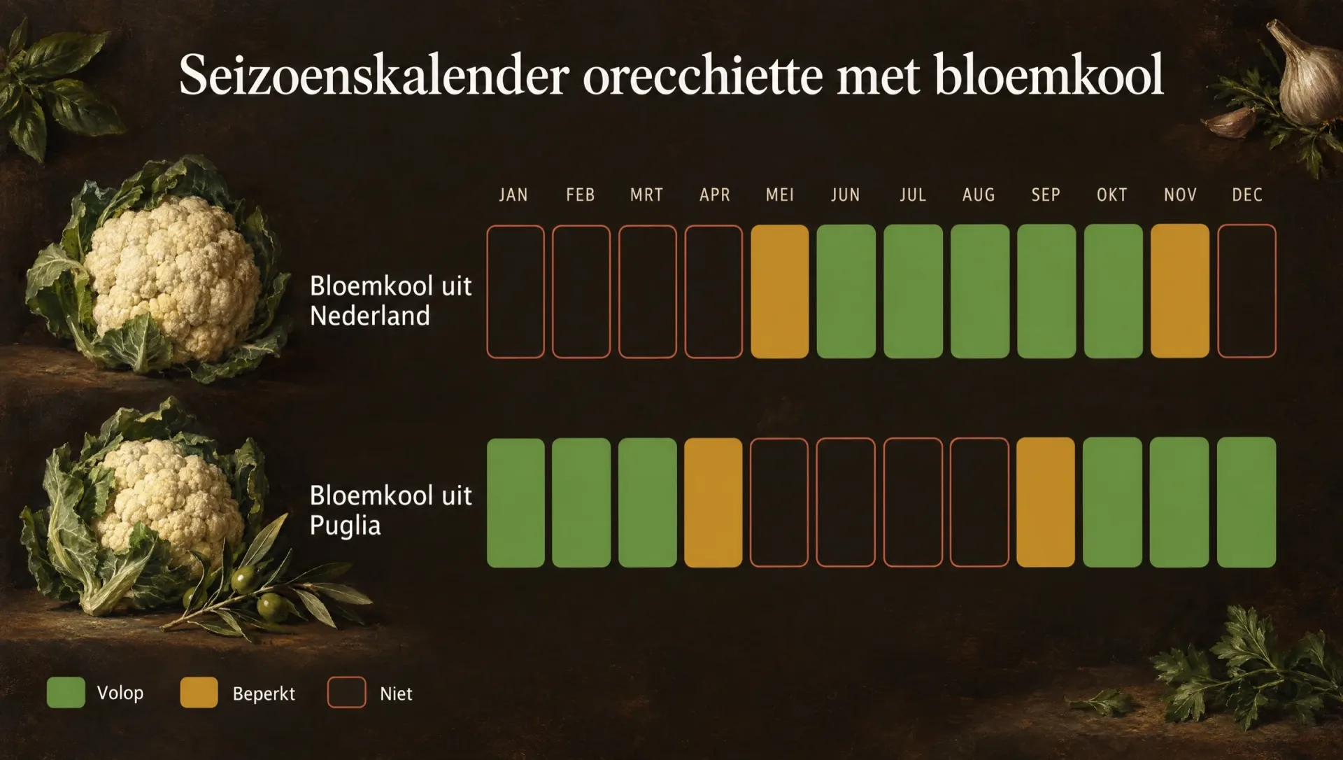 Seizoenskalender voor orecchiette met bloemkool met de maanden waarin bloemkool uit Puglia en Nederland op de markt ligt