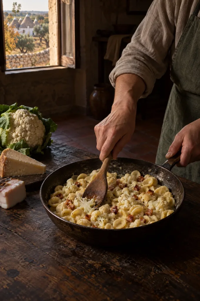 Handen van de kok bij een pan orecchiette met bloemkool in een donkere keuken bij het raam, met uitzicht op trulli