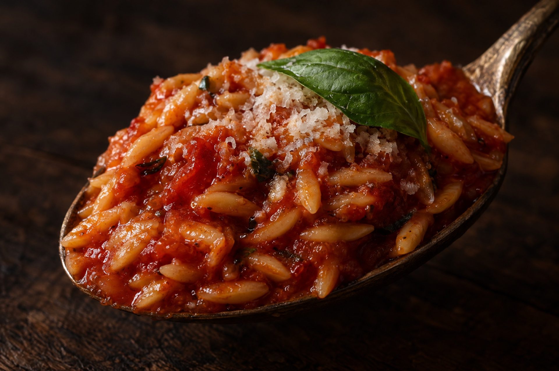 Close-up van romige orzo met tomaat: glanzende korrels in rode saus met geraspte Parmigiano en een basilicumblad