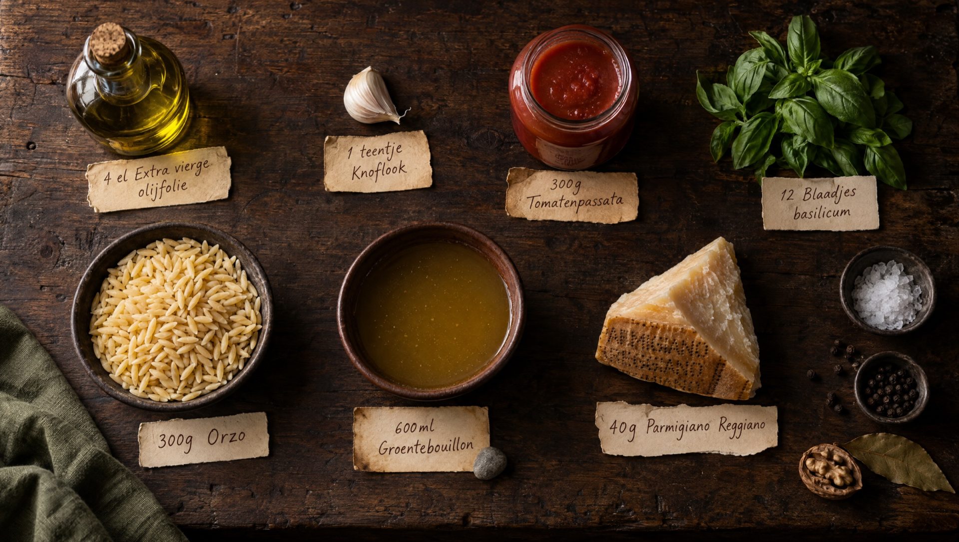Ingrediënten voor orzo met tomaat: rauwe orzo, passata, knoflook, basilicum, Parmigiano Reggiano en olijfolie