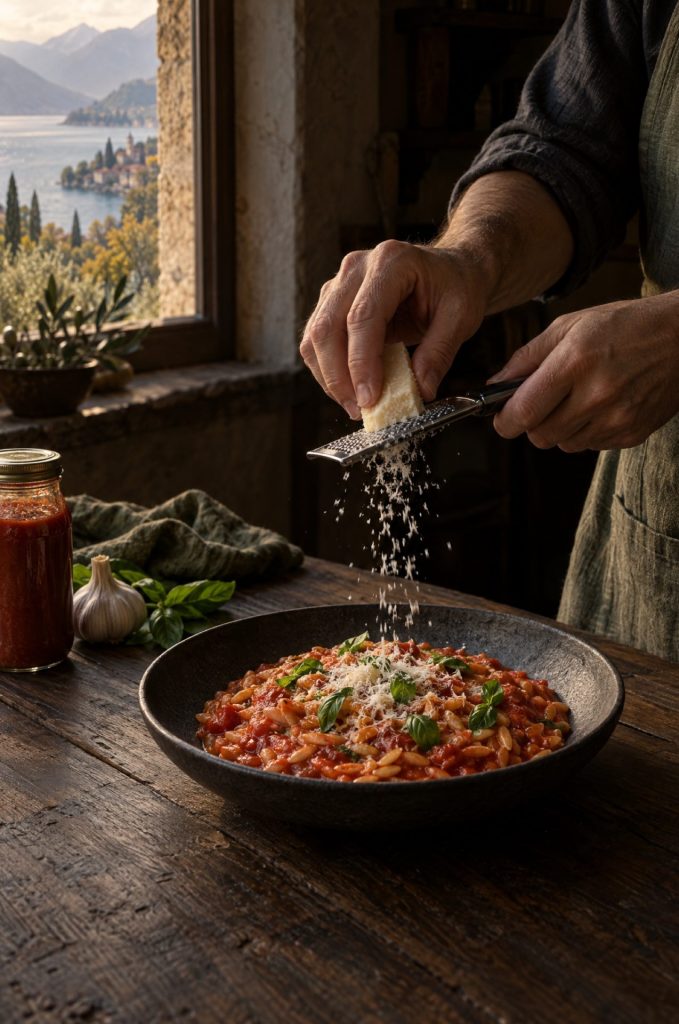 Handen van de kok strooien Parmigiano over orzo met tomaat in een donkere keuken bij het raam, uitzicht op het Gardameer