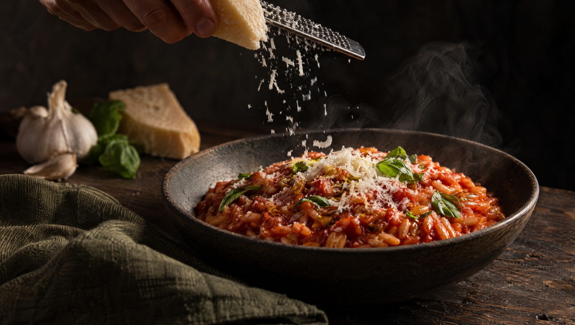 Orzo met tomaat in een donkere kom, Parmigiano Reggiano wordt erover geraspt, met knoflook en basilicum ernaast