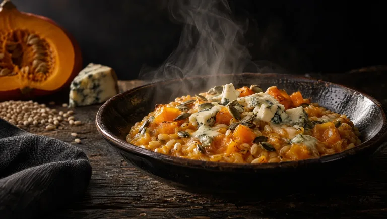 Orzotto met pompoen en gorgonzola op een donkere larikshouten tafel, met een halve pompoen, parelgerst en gorgonzola