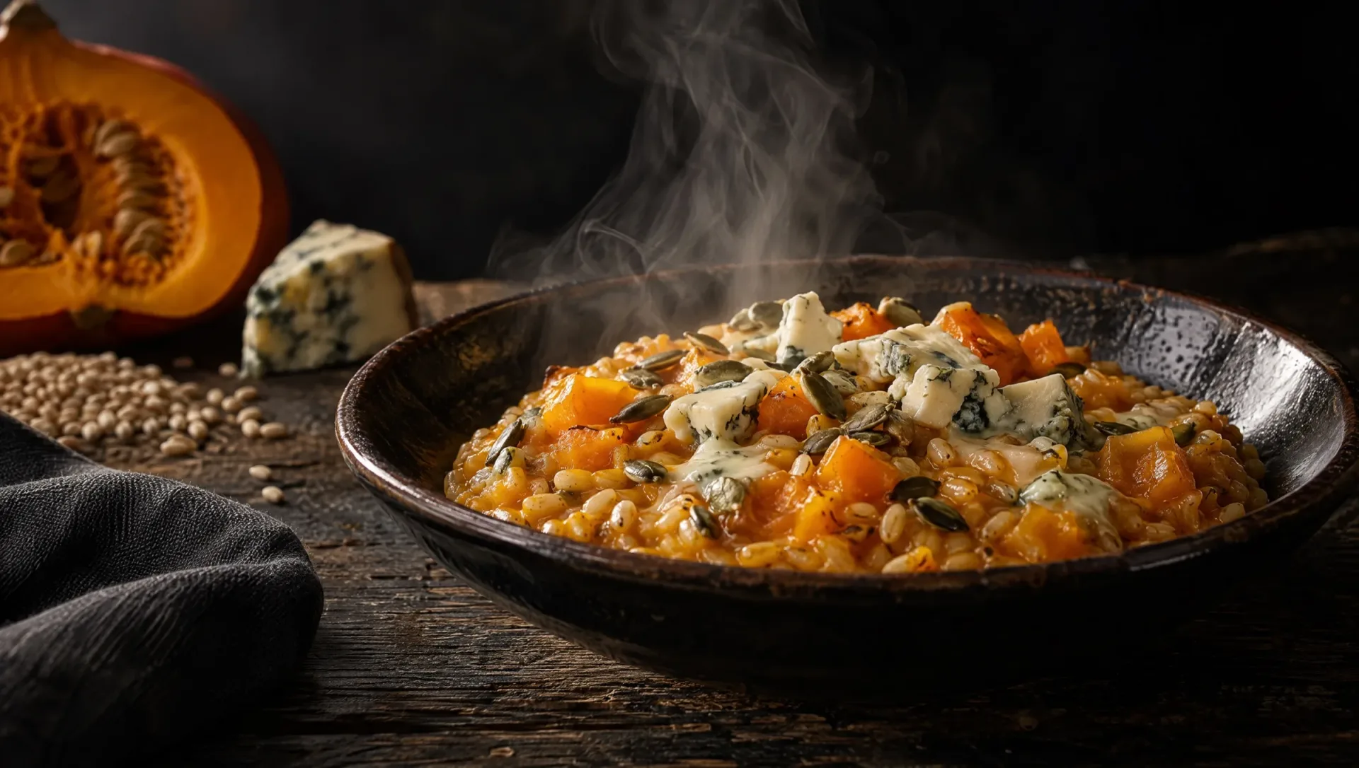 Orzotto met pompoen en gorgonzola op een donkere larikshouten tafel, met een halve pompoen, parelgerst en gorgonzola