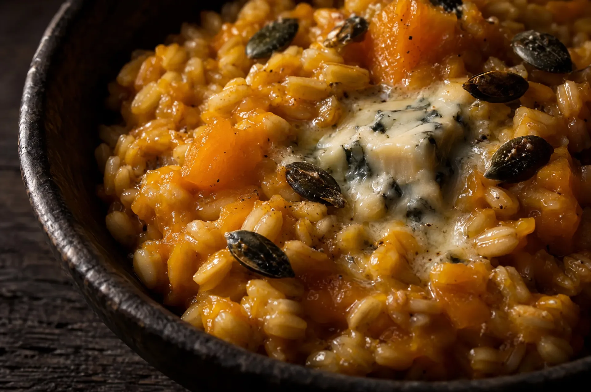 Close-up van orzotto met pompoen en gorgonzola: glanzende gerstkorrels in oranje puree met smeltende blauwe kaas