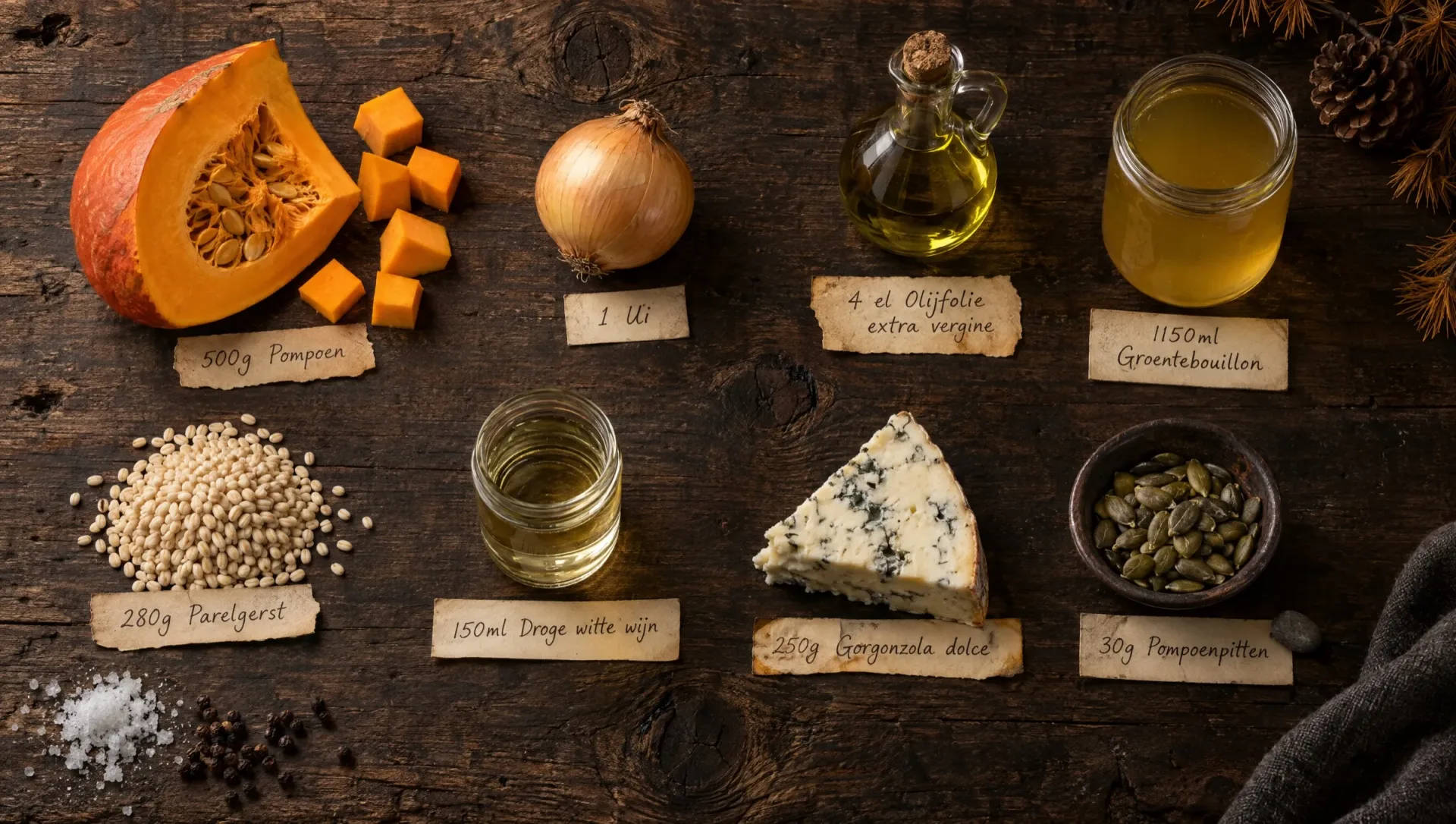 Ingrediënten voor orzotto met pompoen en gorgonzola: parelgerst, hokkaido, gorgonzola, ui, witte wijn en pompoenpitten