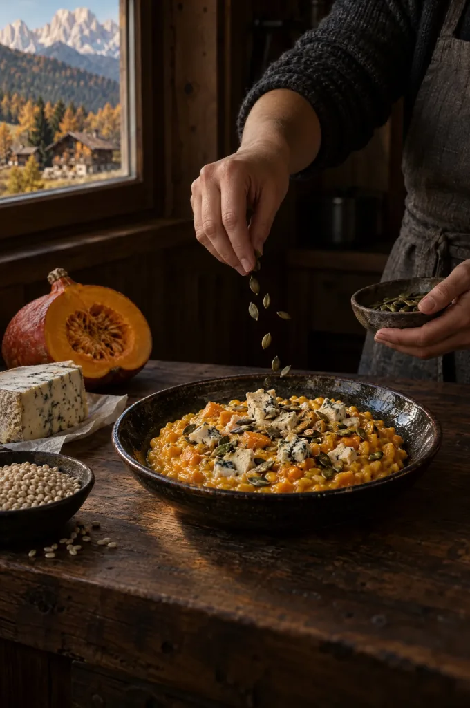 Handen strooien pompoenpitten over orzotto met pompoen en gorgonzola in een donkere keuken met uitzicht op de Dolomieten