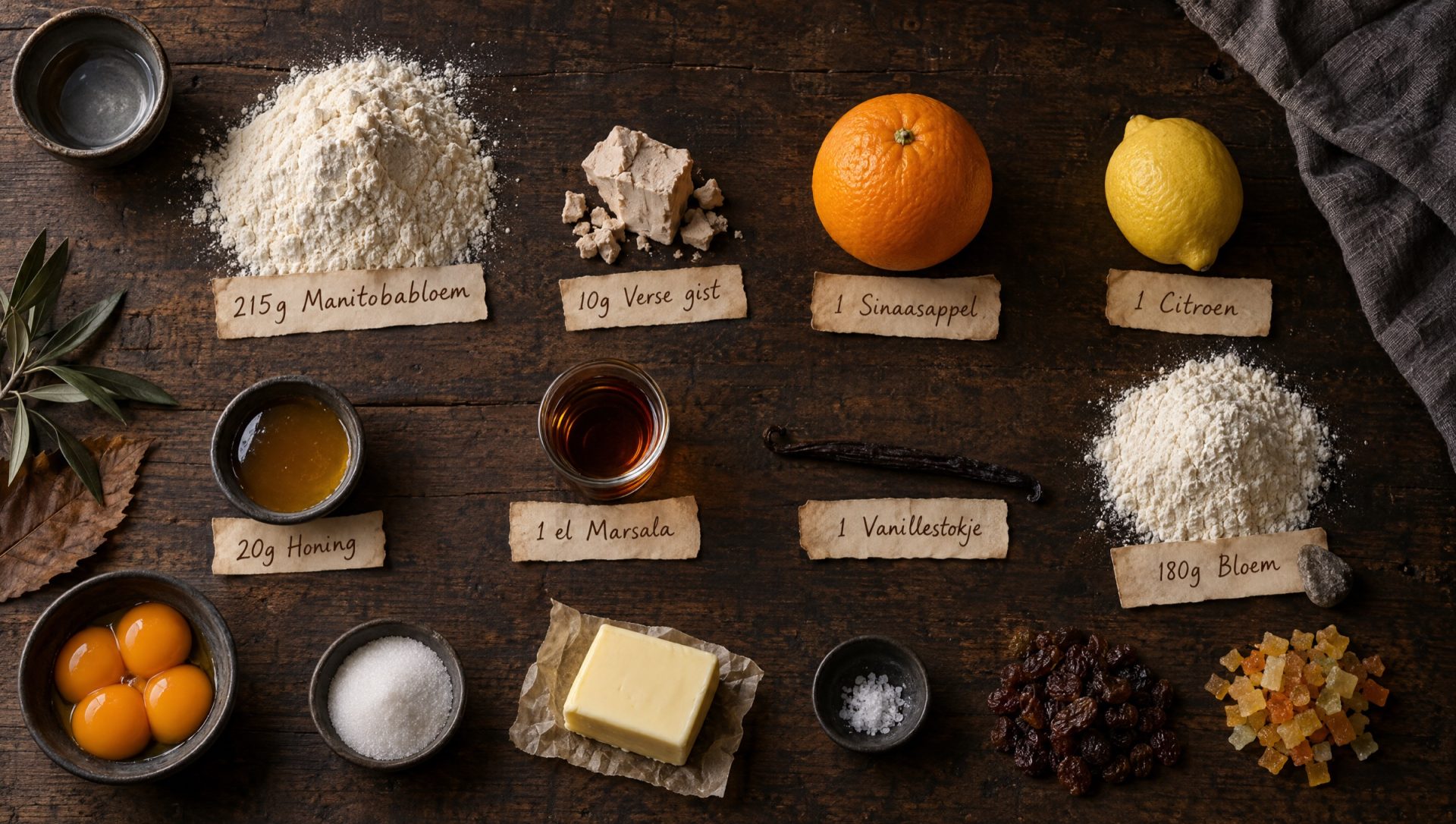 Ingrediënten voor panettone: manitobabloem, eidooiers, boter, rozijnen, gekonfijte sinaasappel, citroen, honing en vanille