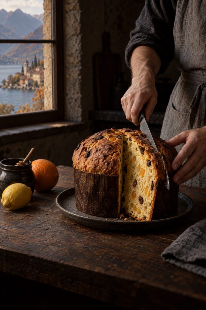 Handen van de kok snijden een panettone in hoge plakken in een donkere keuken, met zicht op een meer in Lombardije