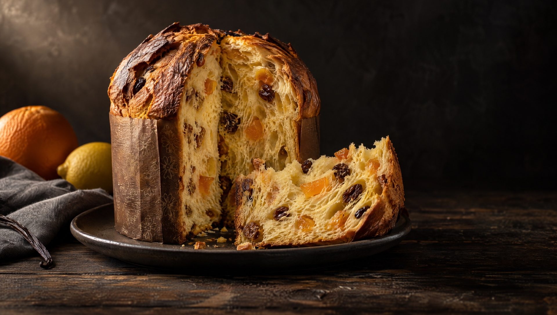 Aangesneden hoge panettone in papieren band met gele kruim, rozijnen en gekonfijte sinaasappel, naast sinaasappel en citroen