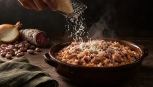 Grana Padano wordt geraspt over panissa in een aardewerken pan, met rauwe borlottibonen, ui en salami ernaast