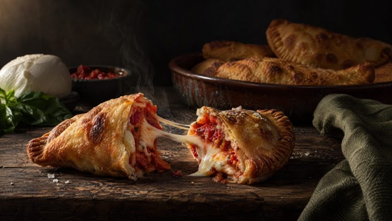 Goudbruine panzerotti op een donkere houten plank, één opengebroken met gesmolten mozzarella en tomaat