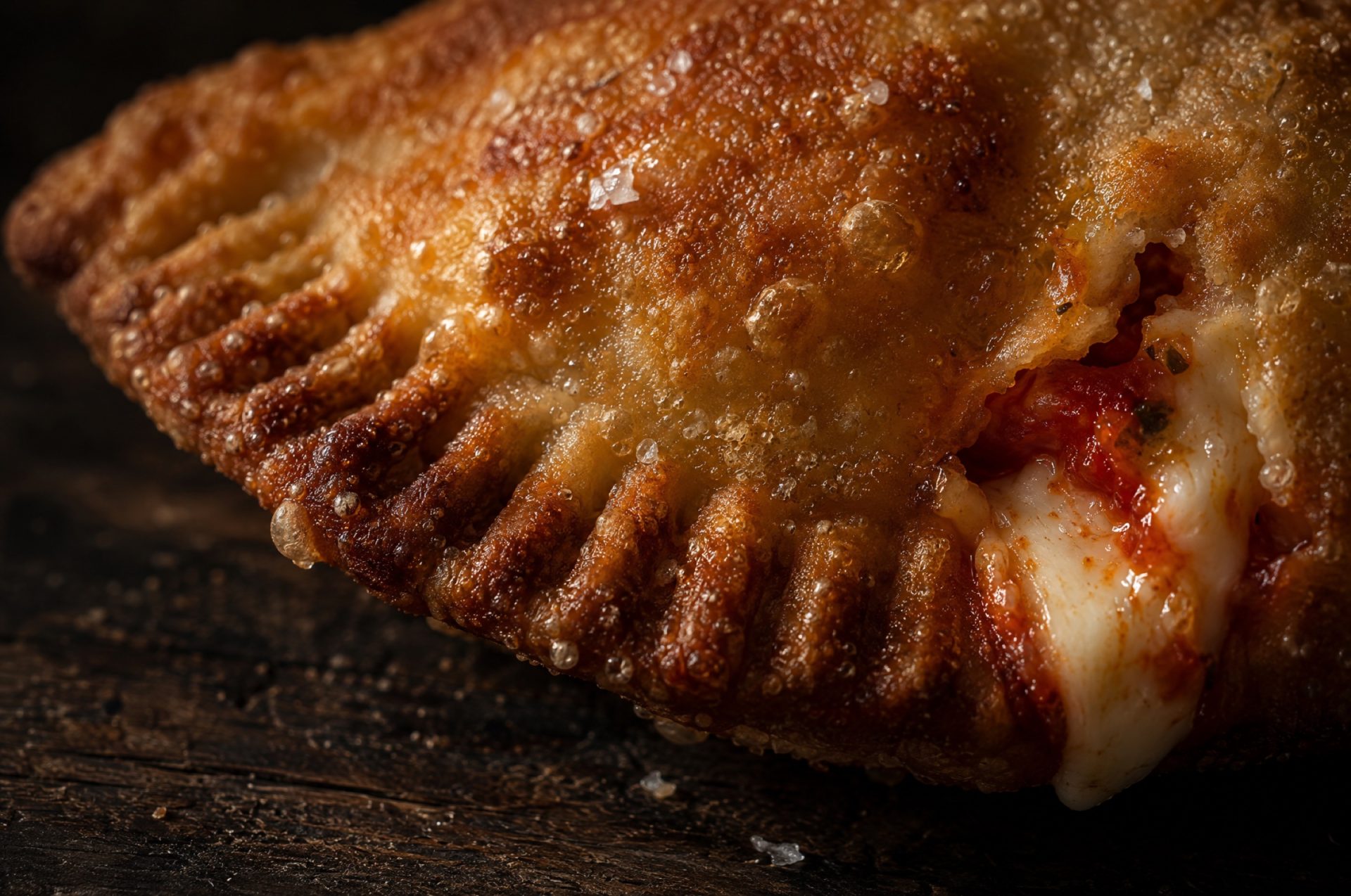 Macro van de met een vork dichtgedrukte rand van goudbruine panzerotti, met kleine olieblaasjes in de korst