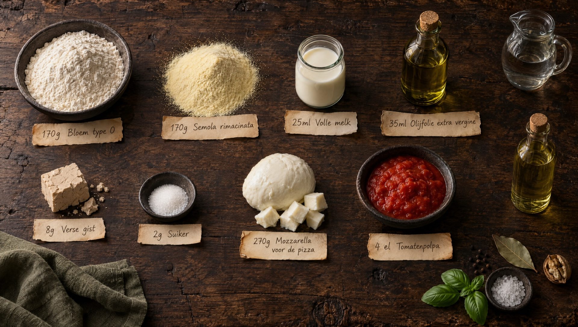 Ingrediënten voor panzerotti: bloem, semola, mozzarella, tomatenpolpa, gist en basilicum op een donkere houten tafel