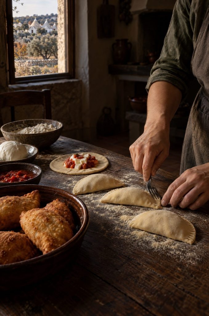 Handen van de kok drukken de rand van panzerotti dicht met een vork, bij het raam met zicht op olijfbomen en trulli