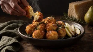Een hand breekt een van de Parmezaanse kaasballetjes open op een tafel in Emilia, naast peer en Parmigiano