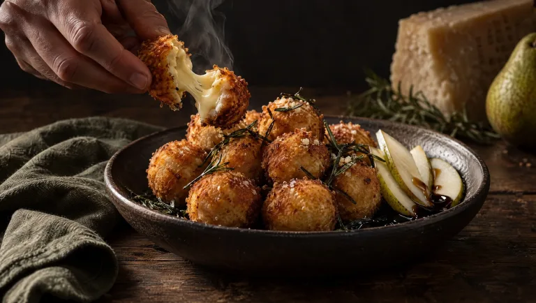 Een hand breekt een van de Parmezaanse kaasballetjes open op een tafel in Emilia, naast peer en Parmigiano