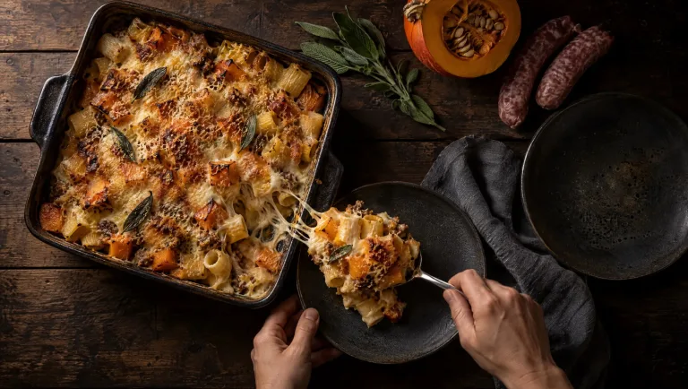 Pasta al forno met pompoen en taleggio in een ovenschaal op een houten tafel in Lombardije, met pompoen, salsiccia en salie