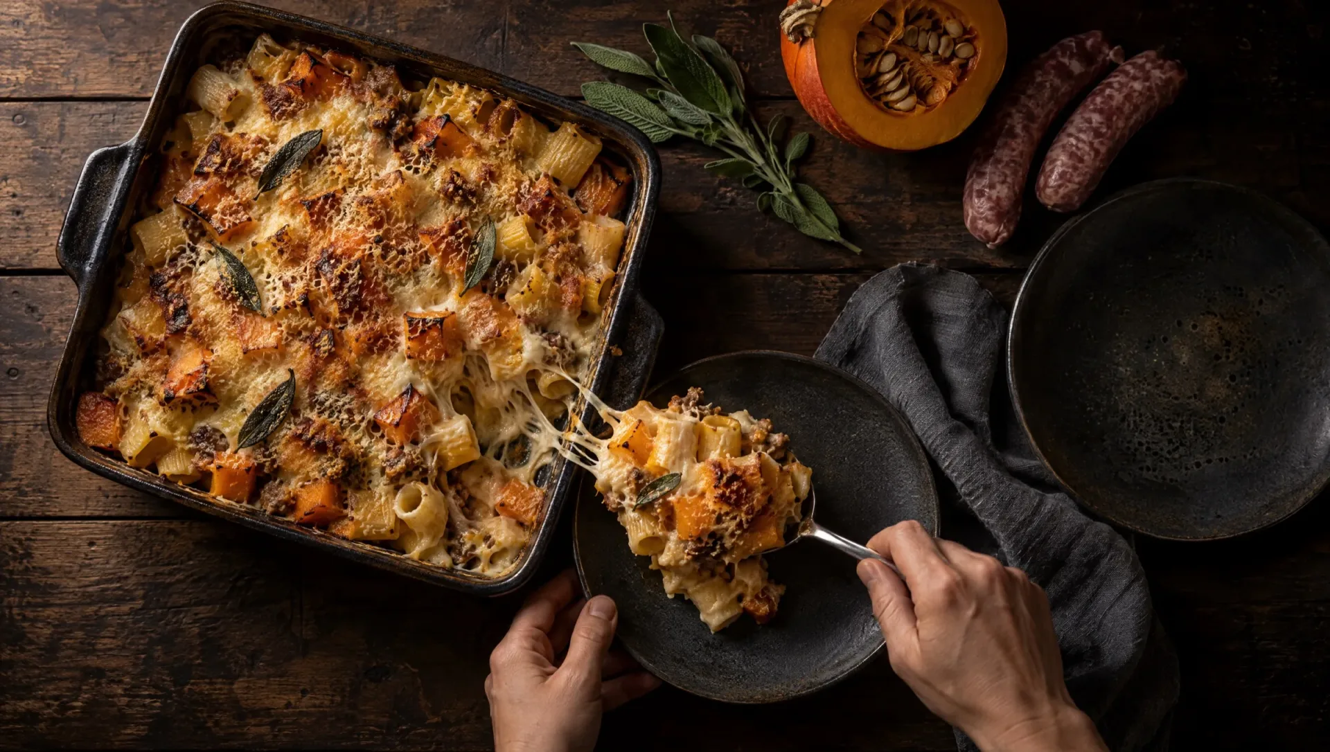 Pasta al forno met pompoen en taleggio in een ovenschaal op een houten tafel in Lombardije, met pompoen, salsiccia en salie