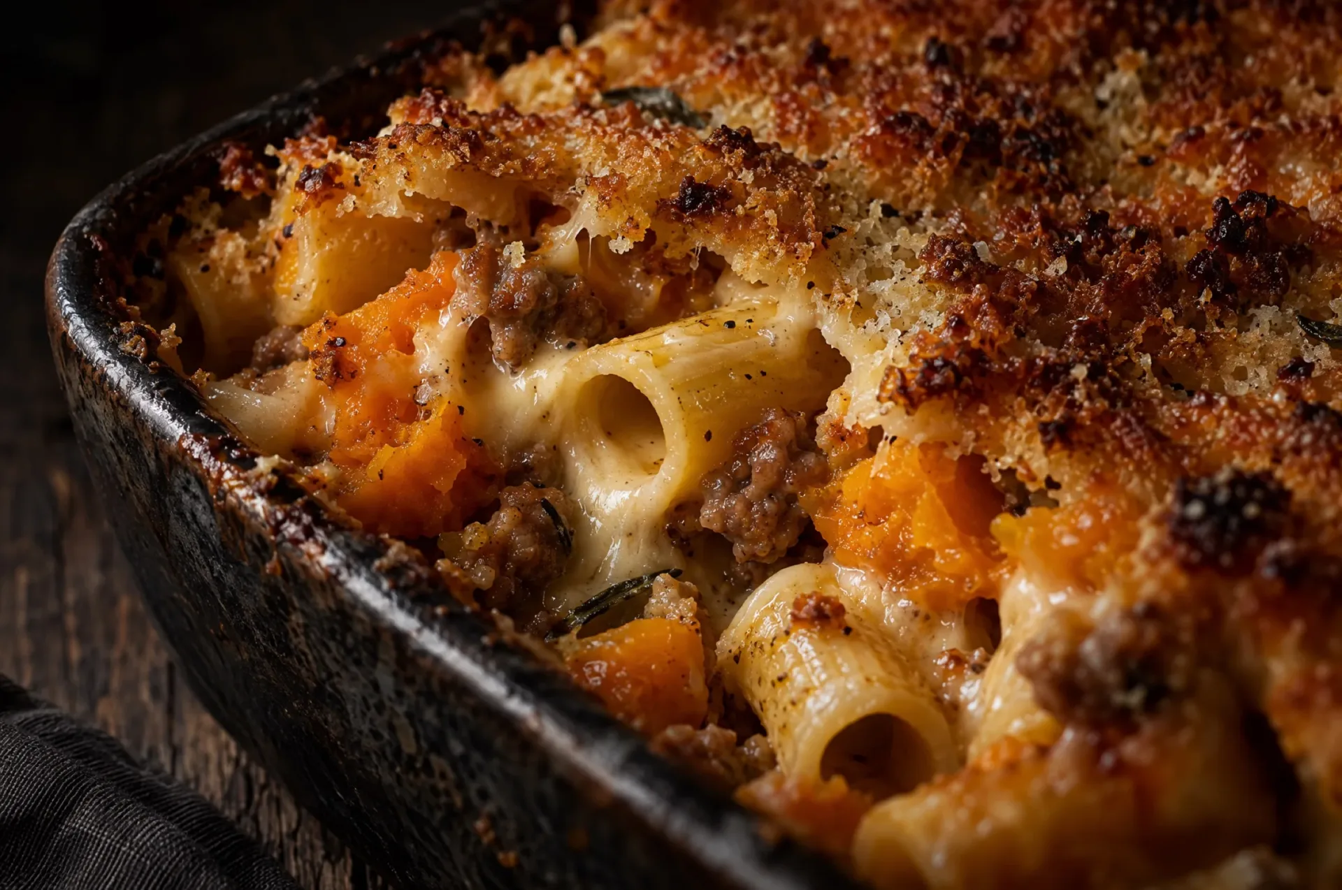 Close-up van pasta al forno met pompoen: bruine korst van Grana Padano op mezze maniche met gesmolten taleggio