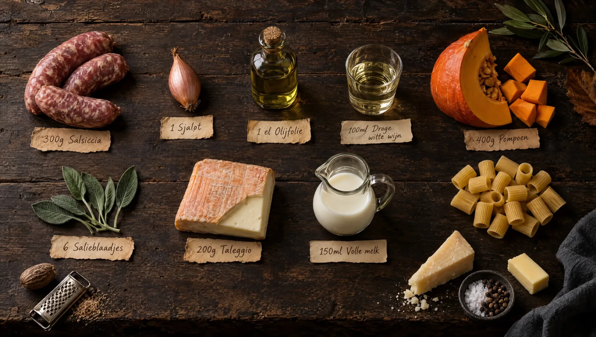 Ingrediënten voor pasta al forno met pompoen: Hokkaido, salsiccia, taleggio, mezze maniche, melk, salie en Grana Padano