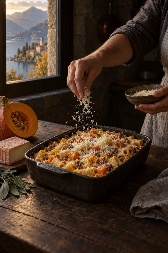 Handen van de kok strooien Grana Padano over pasta al forno met pompoen in een donkere keuken, raam op een Lombardisch meer