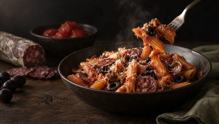 Pasta alla buttera met pecorino op een houten tafel in de Maremma, met gepelde tomaten, zwarte olijven en wildzwijnworst