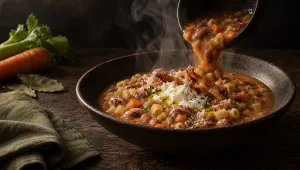 Pasta e fagioli wordt met een pollepel in een diep bord geschept op een donkere tafel, met wortel, bleekselderij en laurier