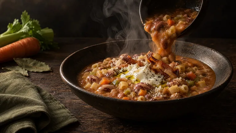 Pasta e fagioli wordt met een pollepel in een diep bord geschept op een donkere tafel, met wortel, bleekselderij en laurier