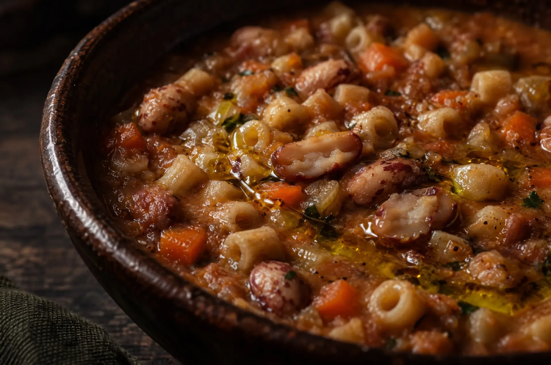 Close-up van pasta e fagioli met ditalini en halve borlottibonen in een gebonden soep, met een glans van olijfolie