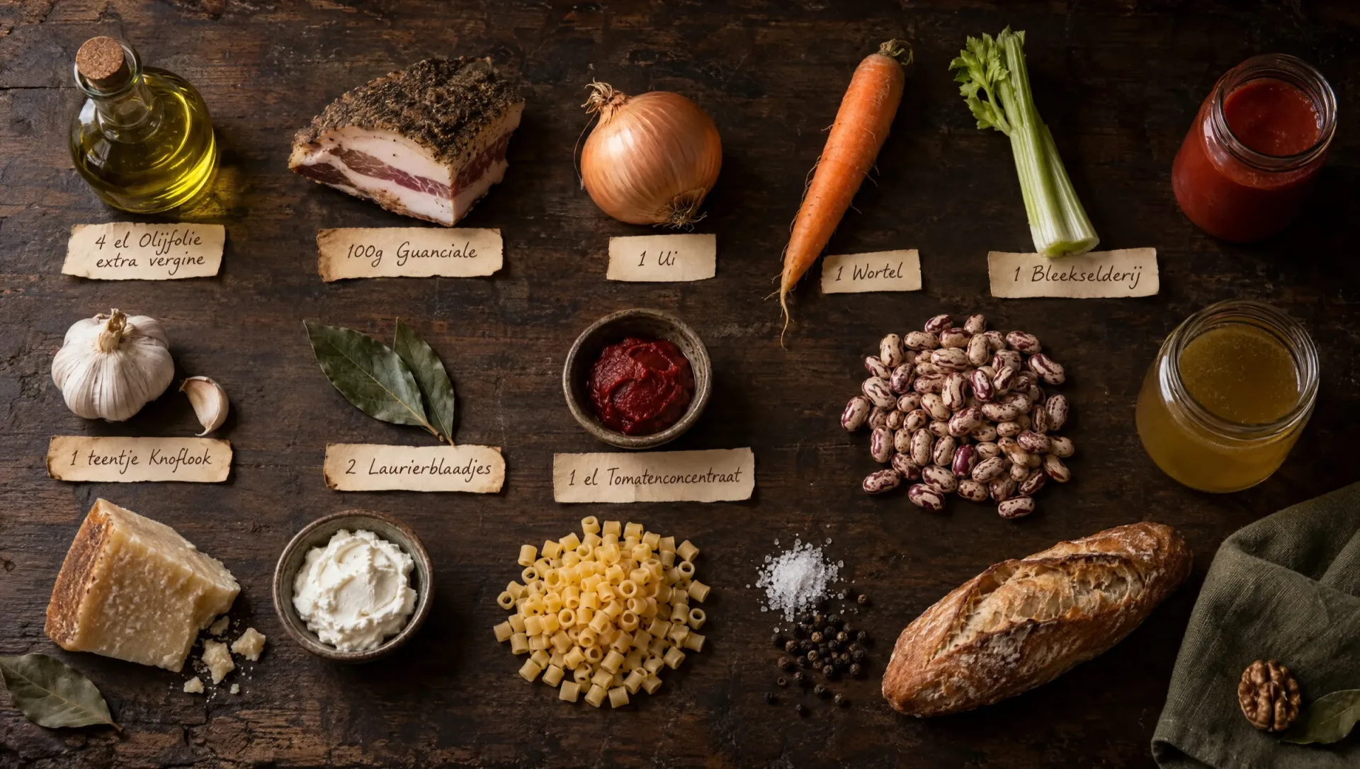 Ingrediënten voor pasta e fagioli: borlottibonen, ditalini, guanciale, wortel, bleekselderij, ui, laurier en Parmigiano