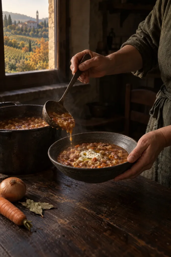Handen scheppen pasta e fagioli uit een pan in een donkere keuken bij het raam, met uitzicht op de heuvels van Veneto