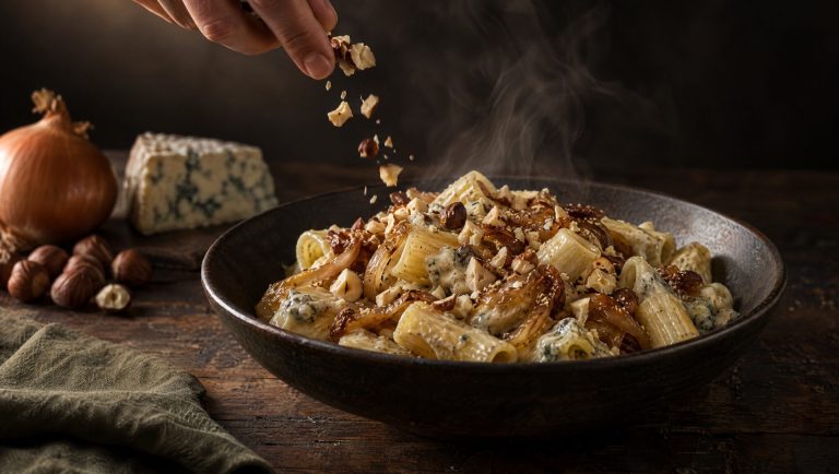 Pasta gorgonzola met gekarameliseerde ui op een herfsttafel in Piemonte, met gele uien, hazelnoten en gorgonzola