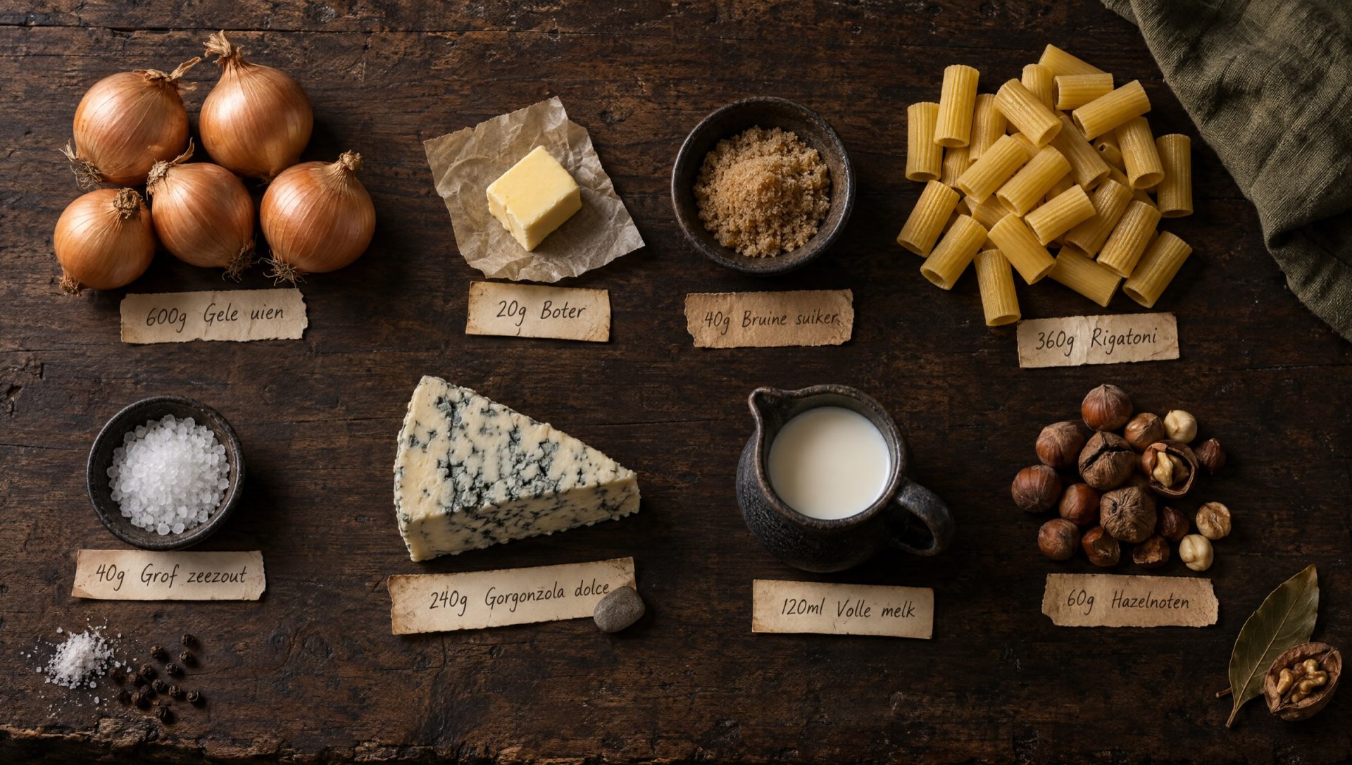 Ingrediënten voor pasta gorgonzola: rigatoni, gele uien, gorgonzola dolce, melk, hazelnoten, boter en bruine suiker